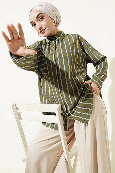 Çift Çizgili Salaş Hella Gömlek Haki - Gömlek