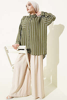 Çift Çizgili Salaş Hella Gömlek Haki - Gömlek