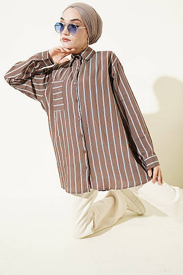 Çift Çizgili Salaş Hella Gömlek Kahve - Gömlek
