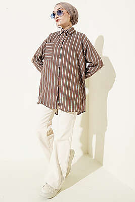 Çift Çizgili Salaş Hella Gömlek Kahve - Gömlek