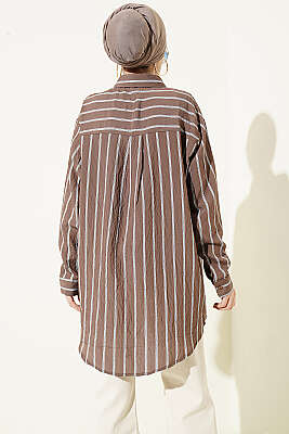 Çift Çizgili Salaş Hella Gömlek Kahve - Gömlek