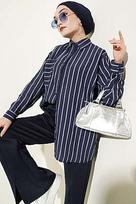 Çift Çizgili Salaş Hella Gömlek Lacivert 