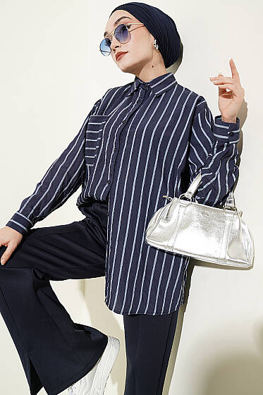 Çift Çizgili Salaş Hella Gömlek Lacivert - Gömlek