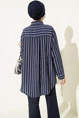 Çift Çizgili Salaş Hella Gömlek Lacivert - Gömlek