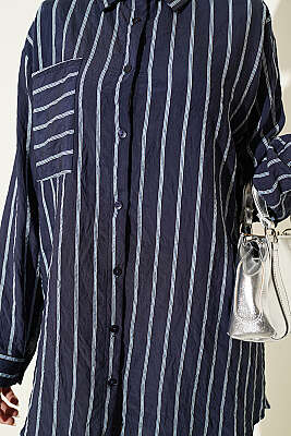 Çift Çizgili Salaş Hella Gömlek Lacivert - Gömlek