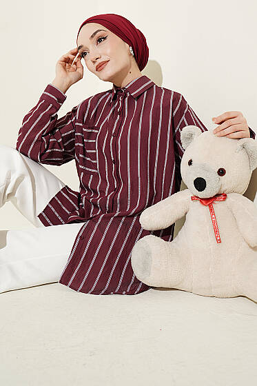 Çift Çizgili Salaş Hella Gömlek Mürdüm - Gömlek