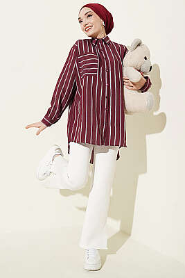 Çift Çizgili Salaş Hella Gömlek Mürdüm - Gömlek