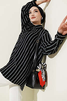 Çift Çizgili Salaş Hella Gömlek Siyah 