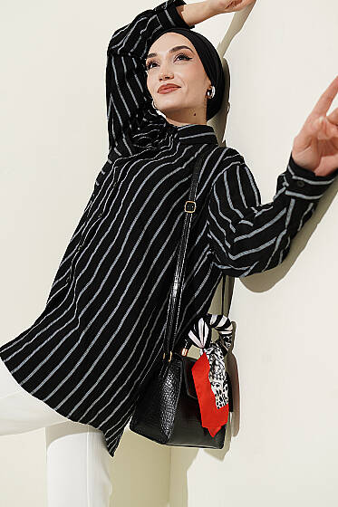 Çift Çizgili Salaş Hella Gömlek Siyah - Gömlek