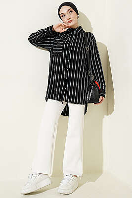 Çift Çizgili Salaş Hella Gömlek Siyah - Gömlek