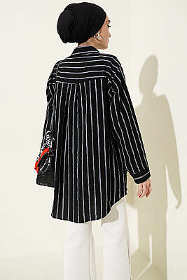 Çift Çizgili Salaş Hella Gömlek Siyah - Gömlek