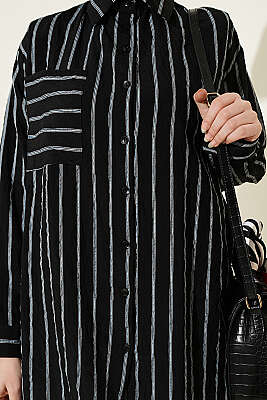 Çift Çizgili Salaş Hella Gömlek Siyah - Gömlek