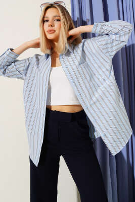 Çift Çizgili Sırt Düğmeli Gömlek Mavi - Kadın Giyim Modelleri