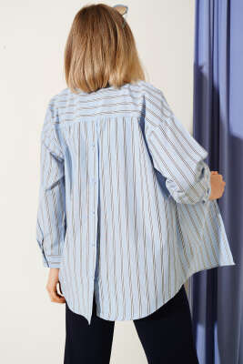 Çift Çizgili Sırt Düğmeli Gömlek Mavi - Kadın Giyim Modelleri