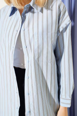 Çift Çizgili Sırt Düğmeli Gömlek Mavi - Kadın Giyim Modelleri