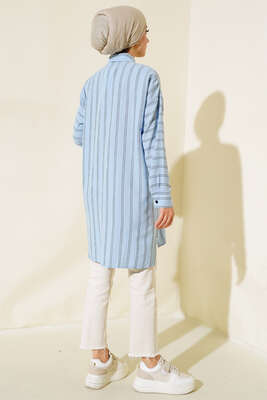 Çift Çizgili Tunik Mavi - Yeni Tesettür Giyim