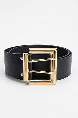 Çift Delikli Kare Metal Tokalı Kemer Siyah - Deri Kemer