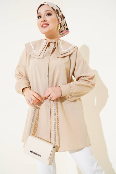 Çift Denizci Yaka Zikzaklı Gömlek Bej - Gömlek