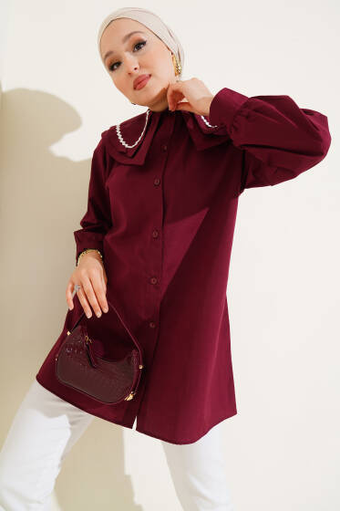 Çift Denizci Yaka Zikzaklı Gömlek Bordo - Gömlek