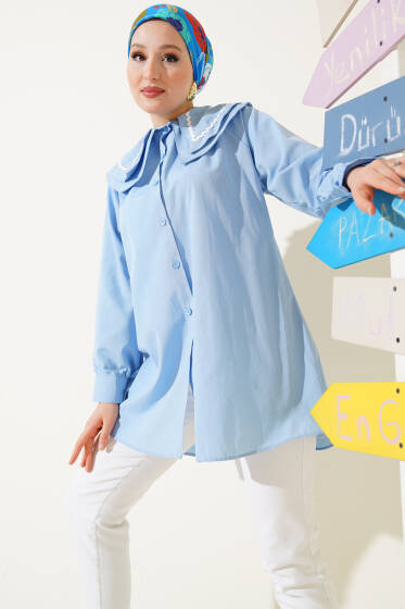 Çift Denizci Yaka Zikzaklı Gömlek Mavi - Gömlek