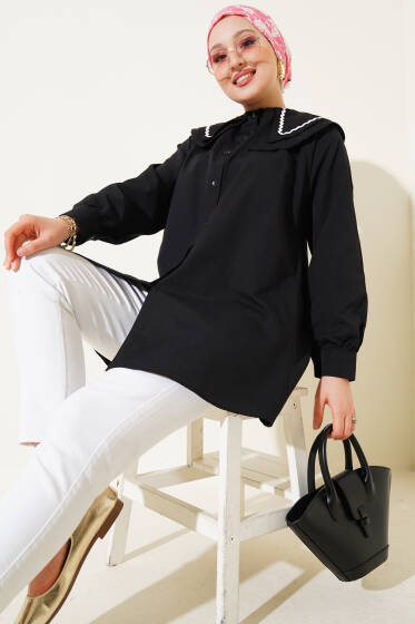 Çift Denizci Yaka Zikzaklı Gömlek Siyah - Gömlek