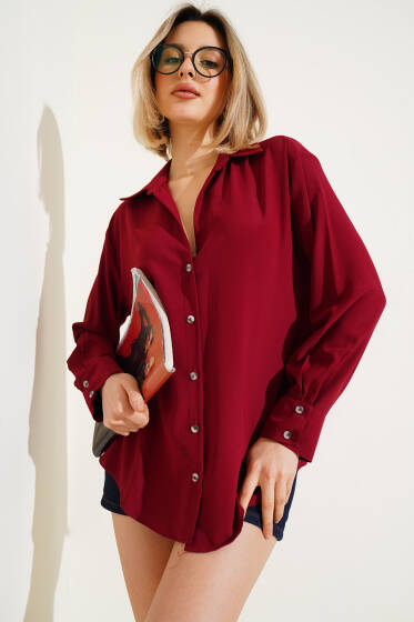 Çift Düğme Manşetli Şifon Gömlek Bordo - Kadın Giyim Modelleri