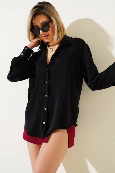 Çift Düğme Manşetli Şifon Gömlek Siyah - Kadın Giyim Modelleri