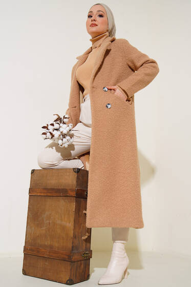 Çift Düğme Uzun Kaban Camel - Kaban