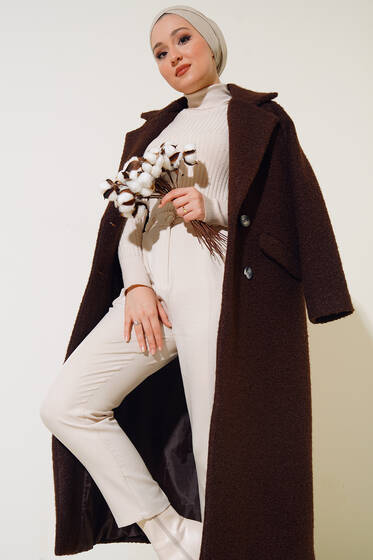 Çift Düğme Uzun Kaban Kahve - Kaban