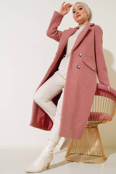 Çift Düğme Uzun Kaban Pudra - Kaban