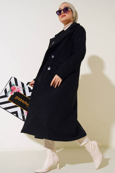 Çift Düğme Uzun Kaban Siyah - Kaban