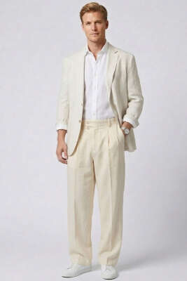 Çift Düğmeli Bol Erkek Pantolon Bej - Erkek Pantolon