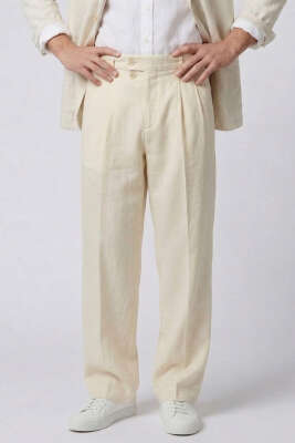 Çift Düğmeli Bol Erkek Pantolon Bej - Erkek Pantolon