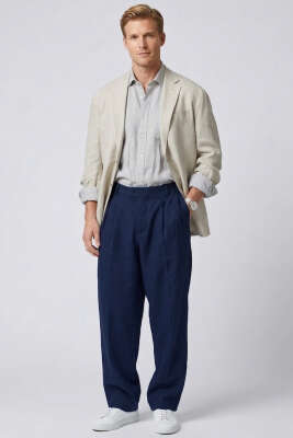 Çift Düğmeli Bol Erkek Pantolon Lacivert - Erkek Pantolon