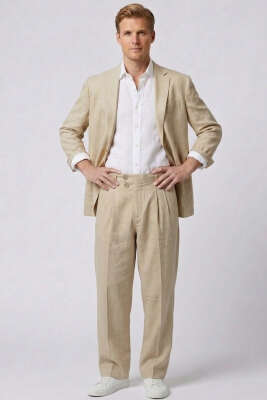 Çift Düğmeli Bol Erkek Pantolon Taba - Erkek Pantolon