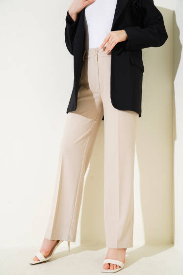Çift Düğmeli Cepli Kumaş Pantolon Bej - Pantolon