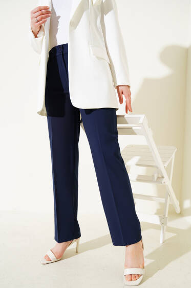 Çift Düğmeli Cepli Kumaş Pantolon Lacivert - Pantolon
