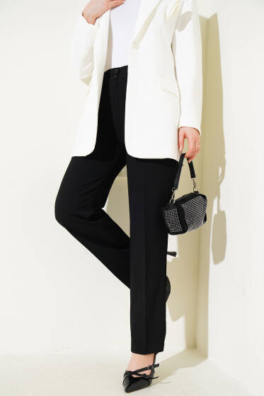 Çift Düğmeli Cepli Kumaş Pantolon Siyah - Pantolon