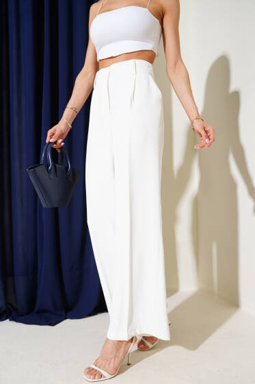 Çift Düğmeli Geniş Paça Kumaş Pantolon Beyaz - Kadın Giyim Modelleri