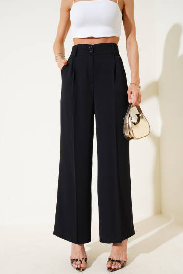 Çift Düğmeli Geniş Paça Kumaş Pantolon Siyah - Kadın Giyim Modelleri