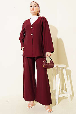 Çift Düğmeli Kimono İkili Takım Bordo - İkili Takım