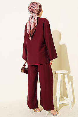 Çift Düğmeli Kimono İkili Takım Bordo - İkili Takım