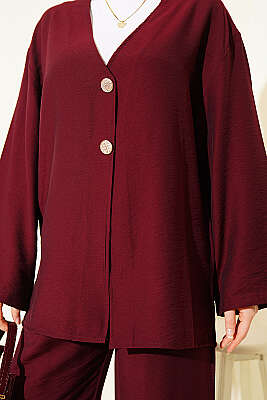 Çift Düğmeli Kimono İkili Takım Bordo - İkili Takım