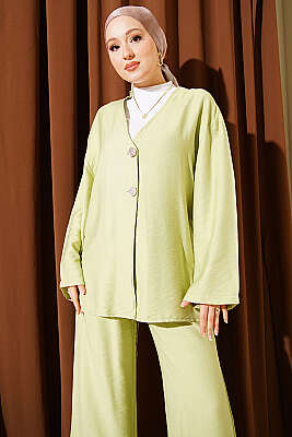 Çift Düğmeli Kimono İkili Takım Çağla Yeşili - İkili Takım