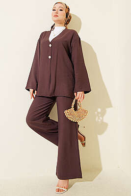 Çift Düğmeli Kimono İkili Takım Kahve - ASME