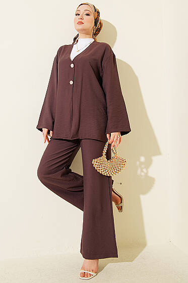 Çift Düğmeli Kimono İkili Takım Kahve - İkili Takım