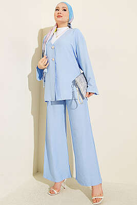 Çift Düğmeli Kimono İkili Takım Mavi - İkili Takım
