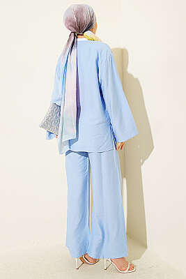 Çift Düğmeli Kimono İkili Takım Mavi - İkili Takım