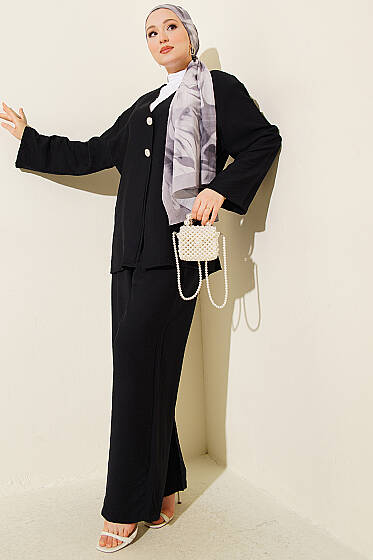 Çift Düğmeli Kimono İkili Takım Siyah - İkili Takım