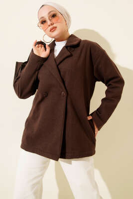 Çift Düğmeli Kısa Kaşe Kaban Kahve - CALİENTE